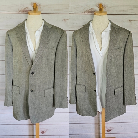 Oscar de la Renta Vintage Silk Blazer in Gray and Black Herringbone Size 44L - Picture 1 of 15